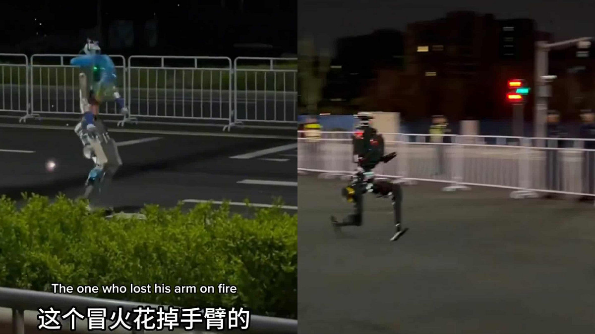 北京亦莊即將於 4 月 19 日舉辦人形機器人半程馬拉松賽事，賽前測試畫面讓網友們笑翻，原因在於官方與民間流出的影像呈現出截然不同的「兩種現實」。 圖:翻攝自影片(新頭殼合成)