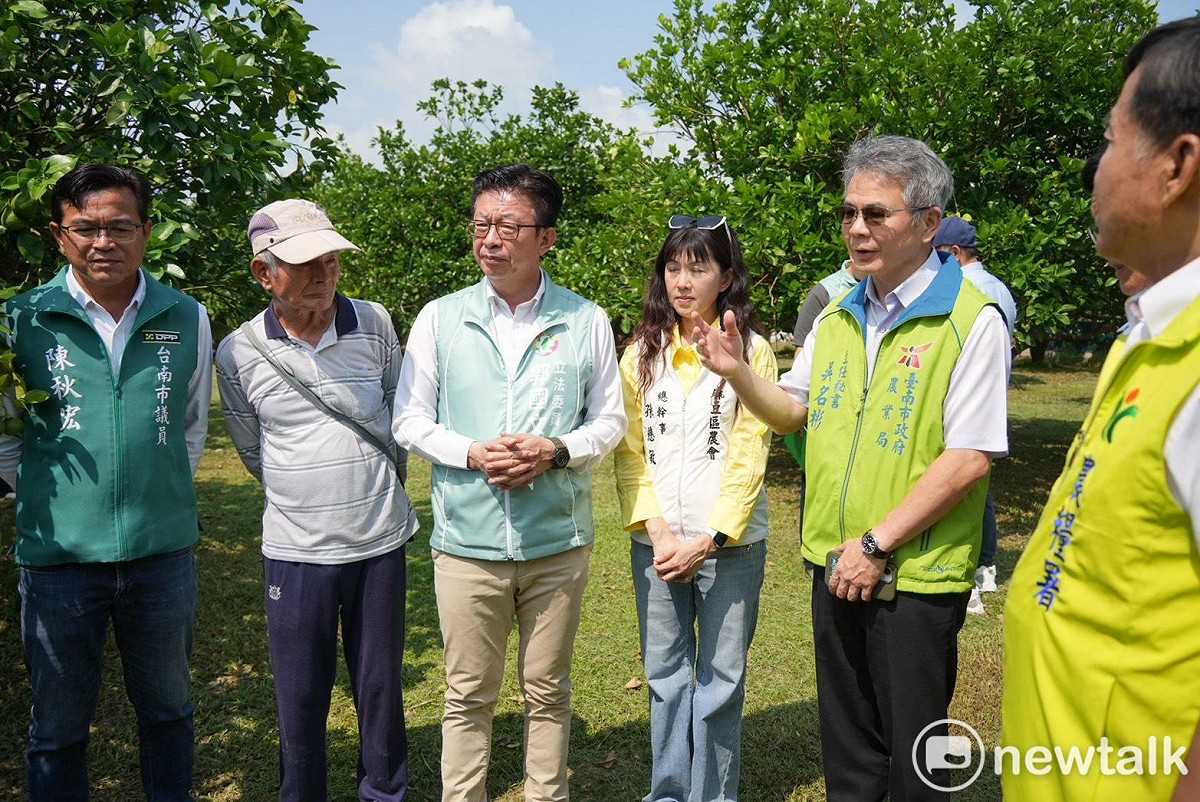 立法委員郭國文與在地議員陳秋宏、麻豆農會總幹事孫慈敏前往麻豆會勘文旦生長情形，農糧署署長姚士源亦親自南下與會，關心近期花況不佳、著果率不樂觀及後續產量問題。 圖：郭國文服務處提供