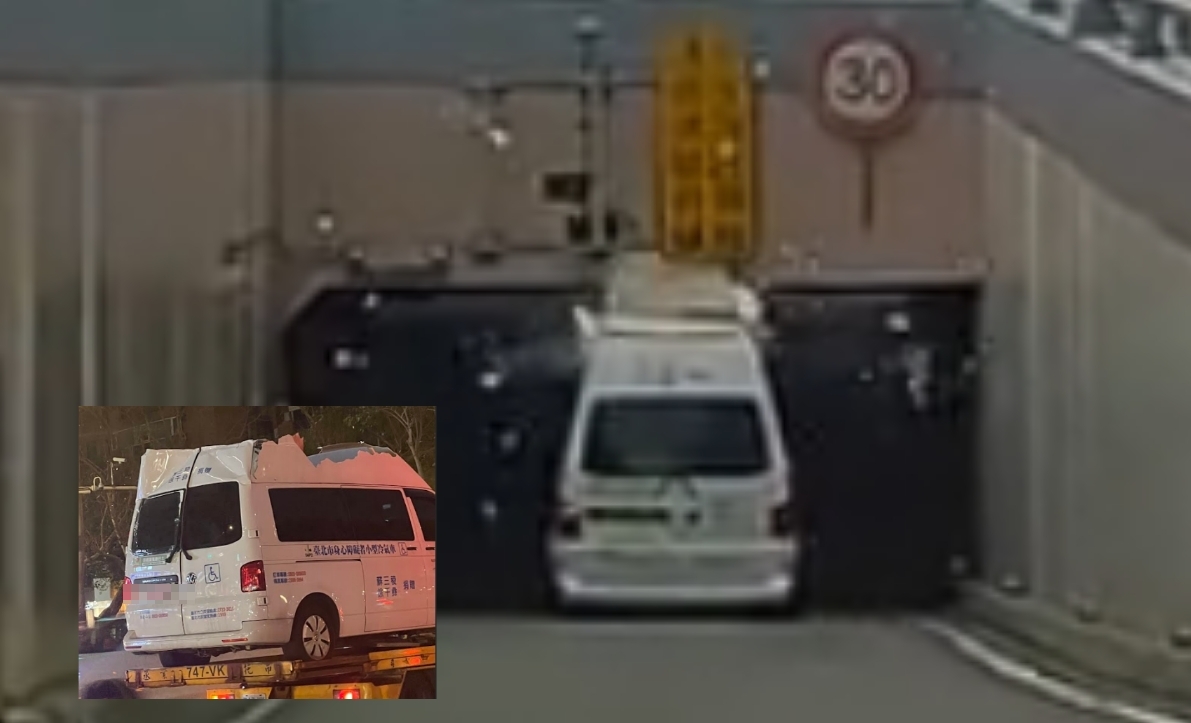 一輛復康巴士疑未注意限高，硬闖地下道，導致車頂當場炸裂、碎片四散。 Threads @ jdkwithy0u