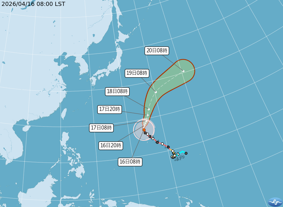 中颱「辛樂克」將在日本南方海面大迴轉，將逐漸破壞其結構、持繪減弱；對台灣及日本皆無威脅。 圖：取自氣象署