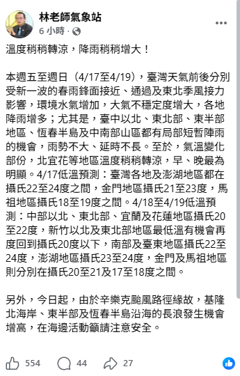 明日起台中以北、東北部、東半部地區、恆春半島及中南部山區都有局部短暫陣雨的機會，雨勢不大、延時不長。 圖：取自林老師氣象站