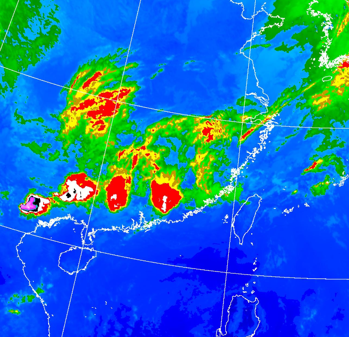 今日衛星雲圖可以看到有許多雲團排排站。 圖：翻攝自氣象署