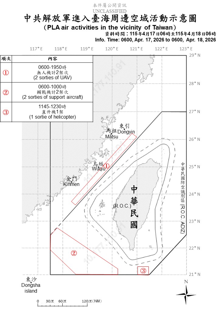 國防部偵獲共機5架次、共艦6艘及公務船1艘，持續在台海周邊活動。 圖/國防部