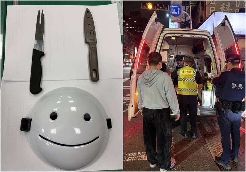 台中市17歲少年戴笑臉面具並持雙刀逛街，引起居民恐慌。 圖：翻攝畫面