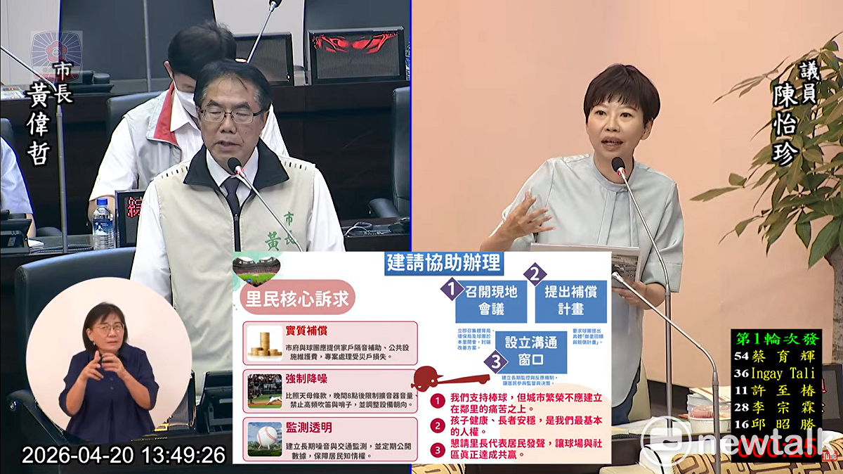 台南市議員陳怡珍指出，亞太棒球場首戰啟用後，近期已接獲多位里民陳情。自今年4月至9月面臨密集賽事安排，長達數十場夜間活動，擴音器、哨聲及場內廣播聲往往持續至晚間9點半甚至10點，嚴重干擾作息。 圖：陳怡珍服務處提供