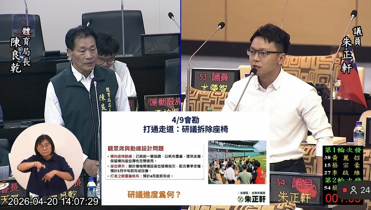 台南市議員朱正軒於市議會質詢時表示，亞太棒球場為可容納約2萬3500人的大型場館，但目前內部動線規劃仍有優化空間，提醒市府應儘速訂出方案與期程。 圖：朱正軒服務處提供