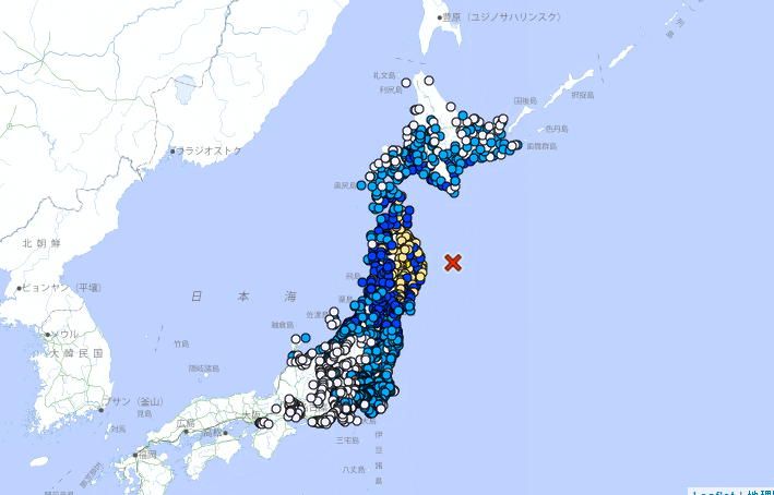 昨(20)日下午4時左右日本東北近海發生規模7.5地震。 圖：翻攝自日本氣象廳