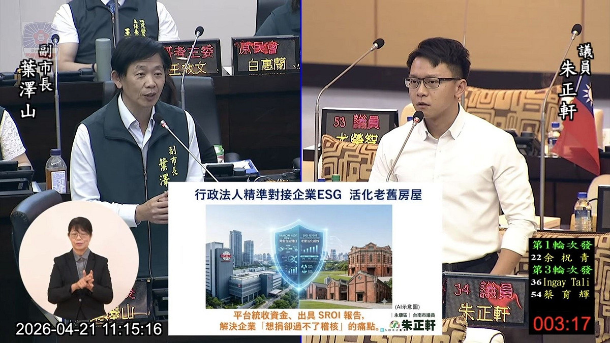 朱正軒期許，平台不應只是單純的發包機構，而應化身「文化金管會」打通企業 ESG 資金血脈，並建立嚴謹的「退場機制」拒絕粗暴改造，讓台南成為像京都一樣、讓人想來好幾次的迷人城市。 圖：朱正軒服務處提供