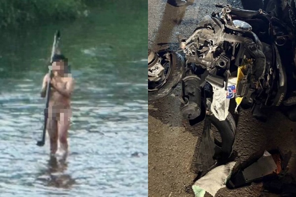 吳姓男子騎機車上國道，疑遭擦撞墜入三爺溪。 圖：翻攝畫面
