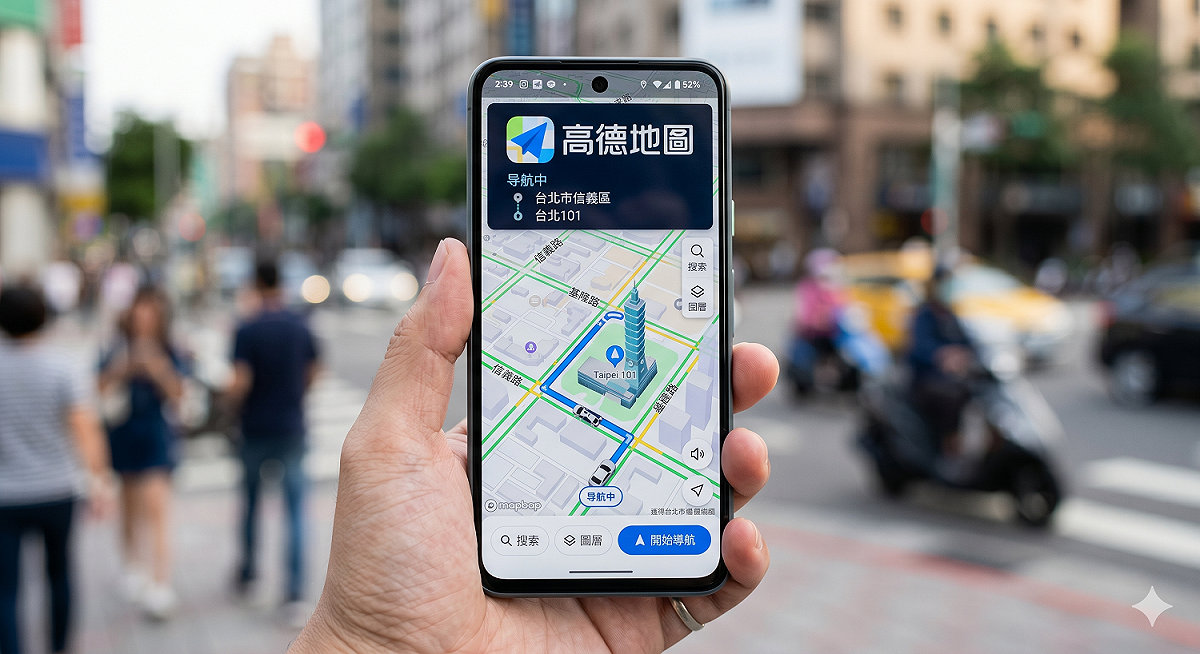 中國「高德地圖」顯示台灣紅綠燈秒數引發資料外洩疑慮。交通部今(23)日嚴正澄清，政府從未提供相關資料。(高德地圖示意圖) 圖：Gemini AI生成 / 林冠妤製