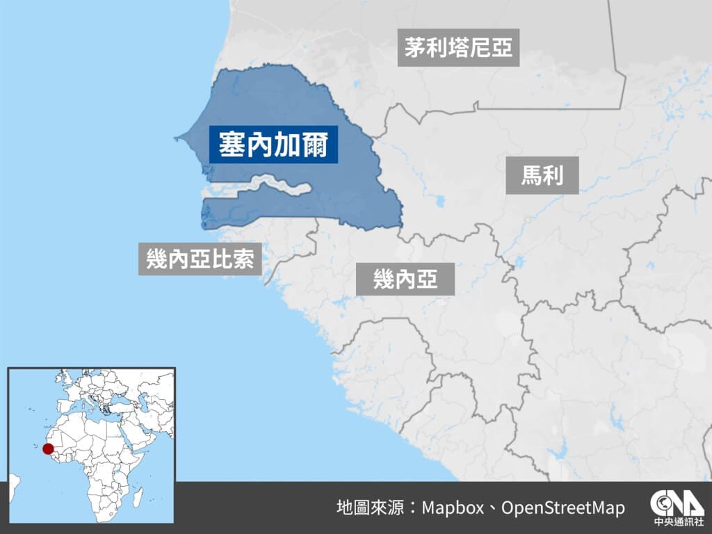 塞內加爾地理位置圖。 （中央社製圖）