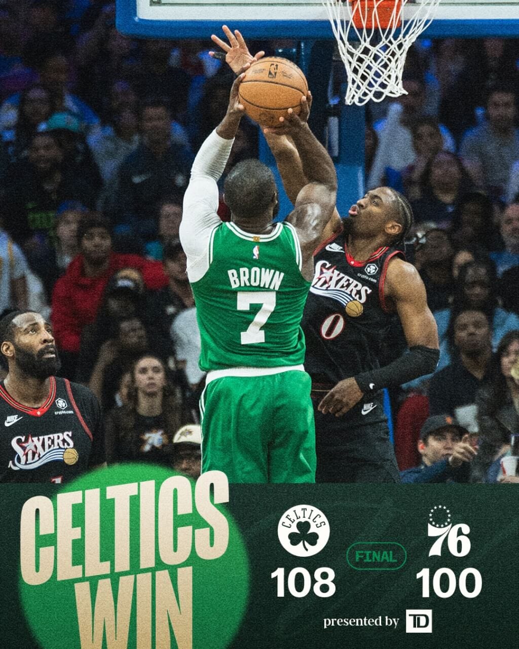 波士頓塞爾蒂克24日在美國職籃NBA季後賽最後關頭發揮3分火力，終場以108比100射垮76人，在7戰4勝系列賽中以2比1領先。（圖取自x.com/celtics）
