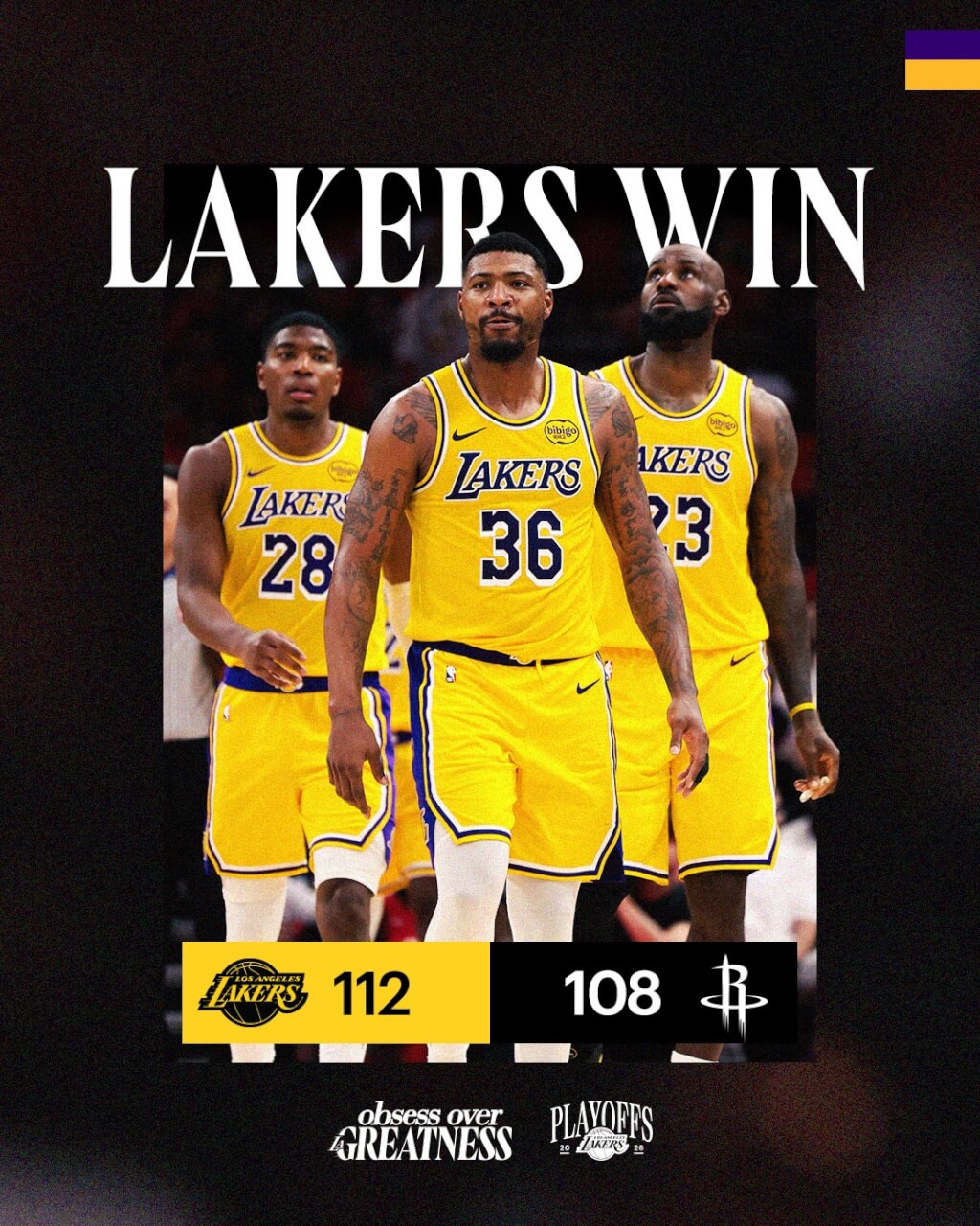 美國職籃NBA季後賽，洛杉磯湖人24日在老將詹姆斯領軍下，和休士頓火箭纏鬥至延長賽，終以湖人112比108獲勝。（圖取自x.com/Lakers）