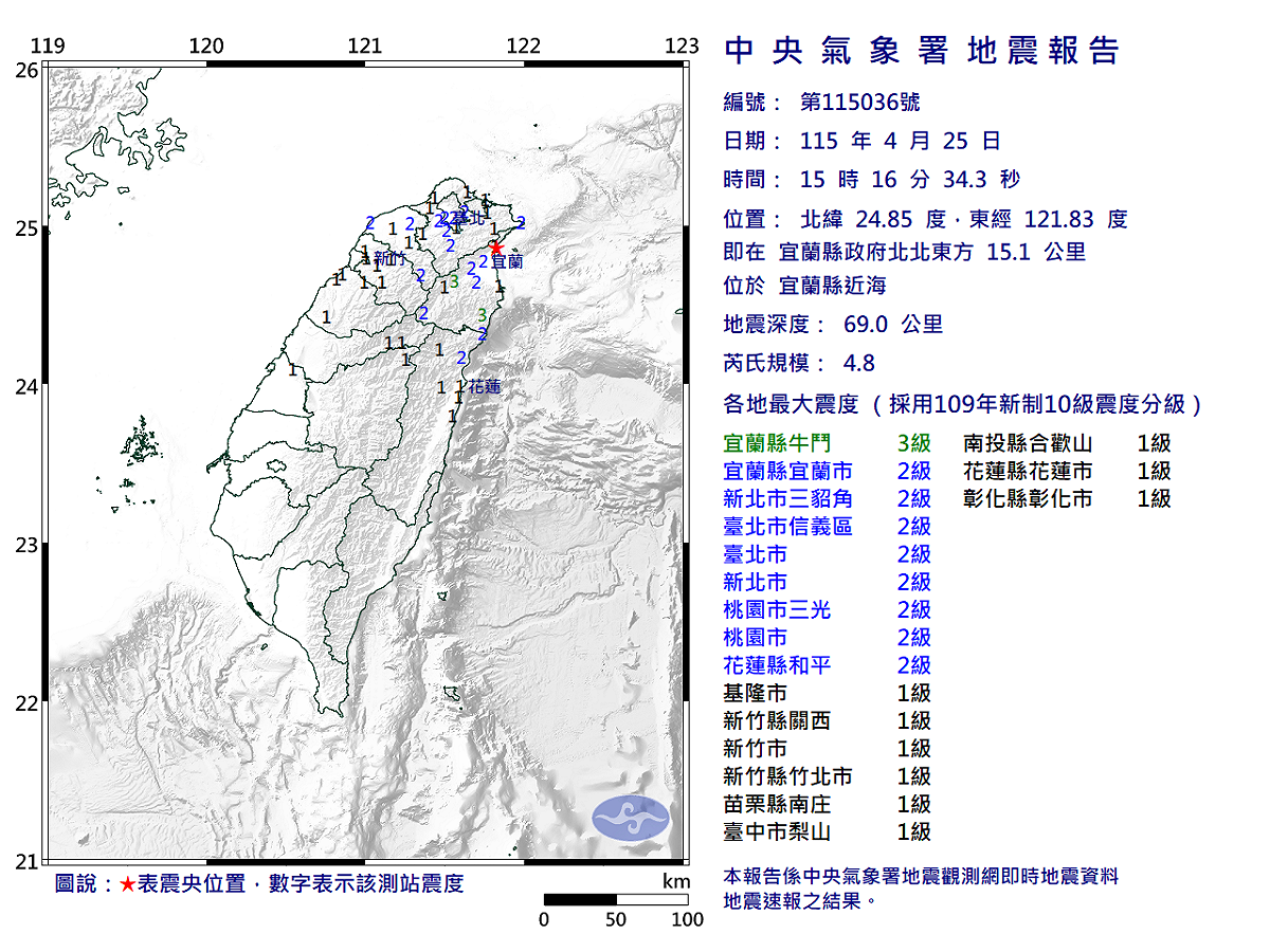 04/25-15:16宜蘭縣近海發生規模4.8有感地震 圖：中央氣象署