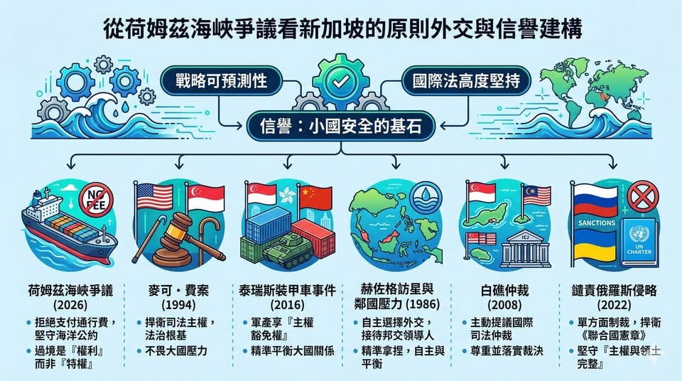 童振源指出，新加坡透過近乎嚴苛的「戰略可預測性」，以及對國際法的高度堅持，在強權環伺之中，逐步建立起獨特而穩固的國際信譽，成為其維持安全與發展的關鍵支柱。 圖：翻攝童振源臉書