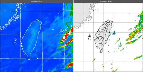 今(26日)晨4：20紅外線色調強化雲圖顯示，鋒面雲系已東移(左圖)。4：30雷達回波合成圖顯示，鋒面雲層伴隨的降水回波在東方海上(右圖)。 圖/「氣象應用推廣基金會」專欄「洩天機教室」