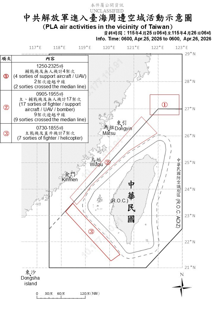 國防部公布最新台海周邊海、空域動態 。 圖/國防部提供
