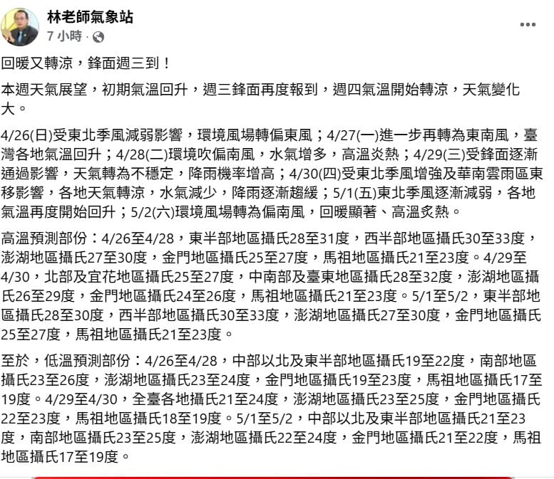 「林老師氣象站」指出，29日將會有一波鋒面通過，天氣再轉不穩定，降雨機率升高。 圖：取自「林老師氣象站」