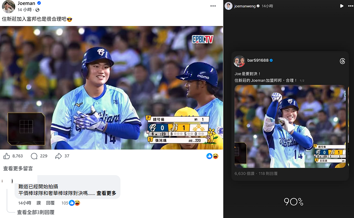 富邦悍將的打者王苡丞，一支內野安打上壘後慶祝的畫面，被球迷發現撞臉網紅 Joeman，像到Joeman本人都轉發自嘲相似度90％，「住新莊加入富邦也是很合理吧」。 圖：翻攝自Joeman臉書、IG
