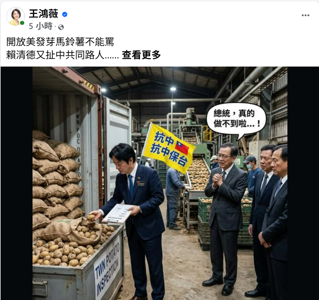 國民黨立委王鴻薇質疑，民進黨政府放寬美國發芽馬鈴薯進口條件，引發食安疑慮，卻將爭議歸咎中國操作，痛批「連食安都瞎扯抗中保台」。 圖:翻攝王鴻薇臉書