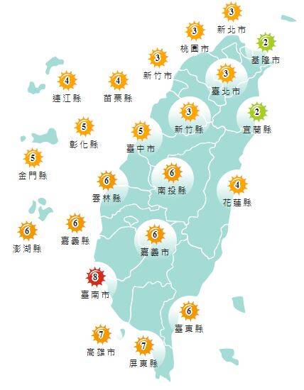 氣象署發布各地紫外線指數預報概況。 圖：氣象署提供