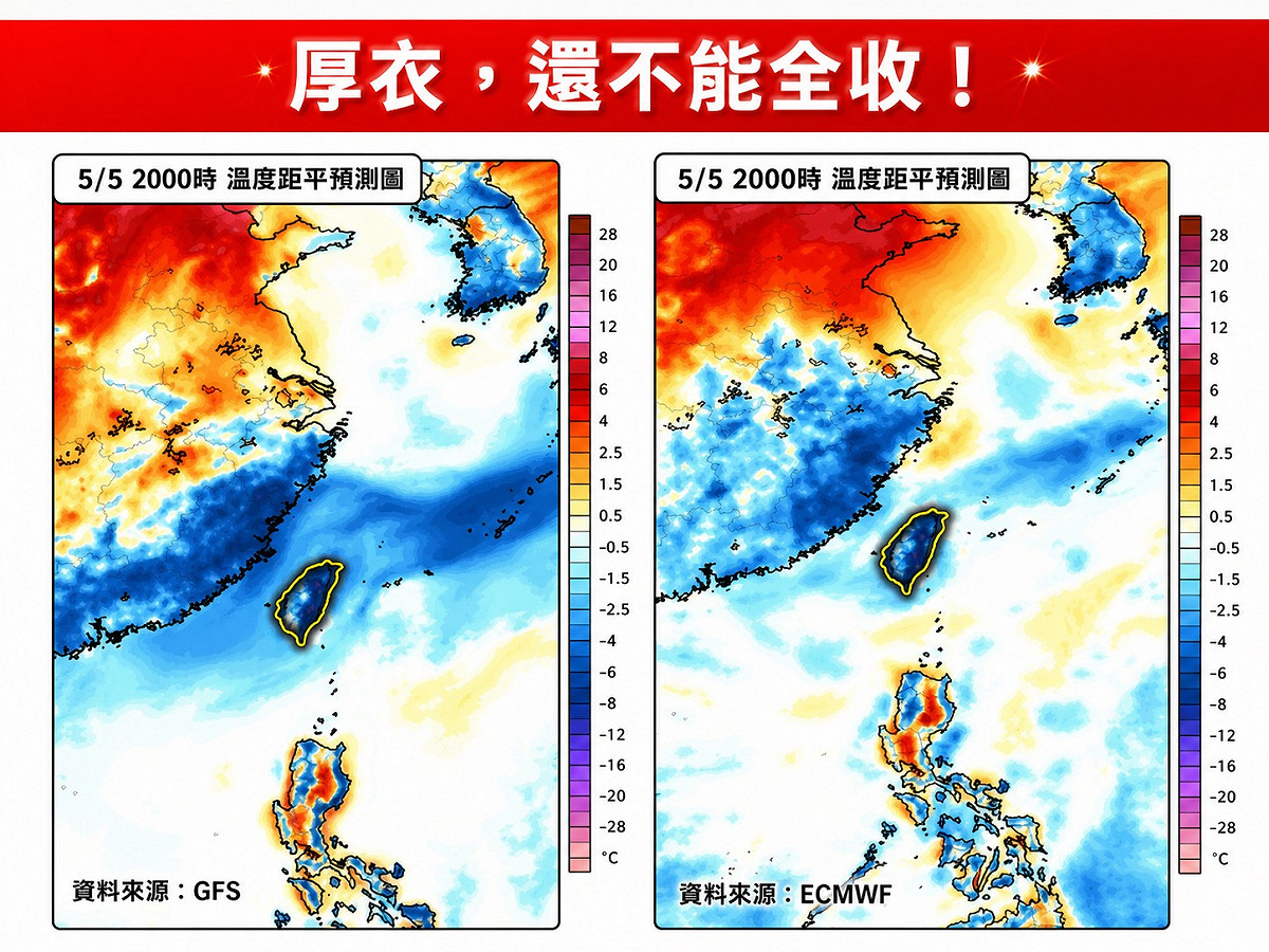 今起受梅雨鋒面及隨後的東北季風影響，北台灣和東半部轉濕涼，有短暫陣雨或雷雨，低溫下探18度，因此冬衣還不能全收。 圖：取自「林老師氣象站」