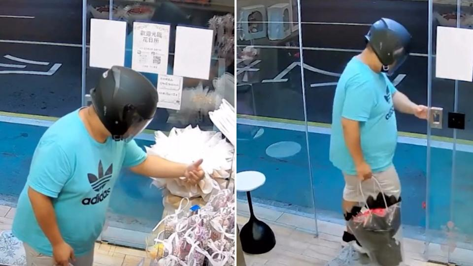 男子在無人花店竊取花束，並徒手假裝掃碼付款。 圖：翻攝自Threads