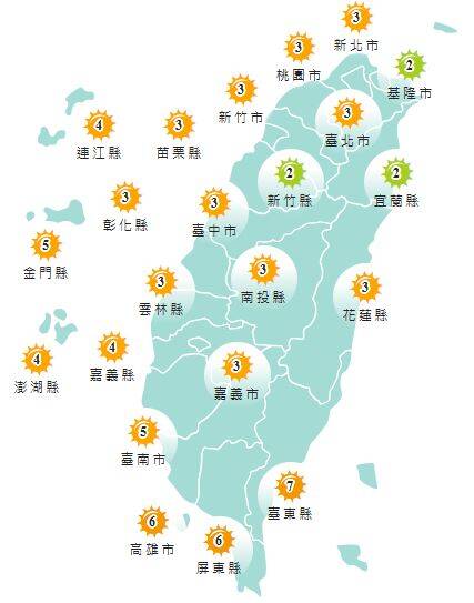 氣象署發布各地紫外線指數預報概況。 圖：氣象署提供