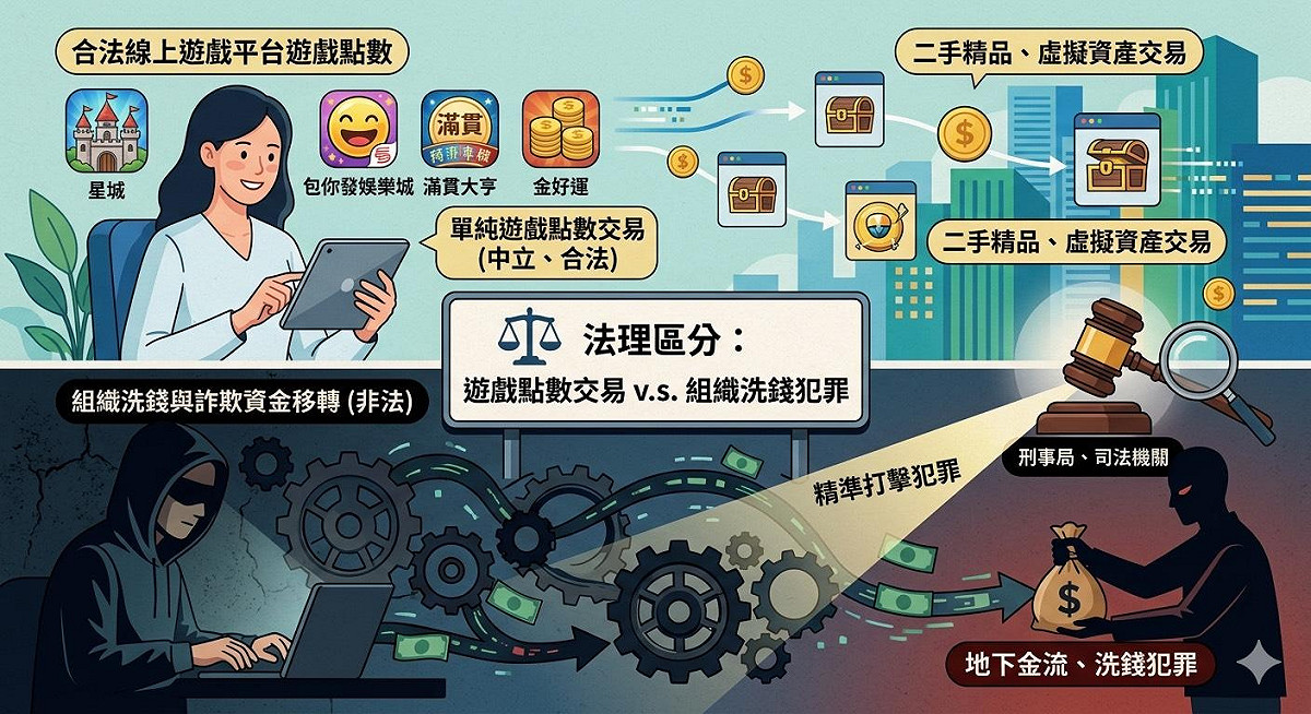 根據現行實務見解，玩家或業者（幣商）進行點數的低買高賣，屬於單純的商業交易行為。在法律上，點數買賣如同二手精品、虛擬資產交易，本身並不違反《刑法》賭博罪。遊戲點數作為一種具價值的數位標的，其本身是中立的。若將「點數交易」直接定性為違法，將衝擊整體電子商務與數位資產市場。 圖/AI生成示意圖
