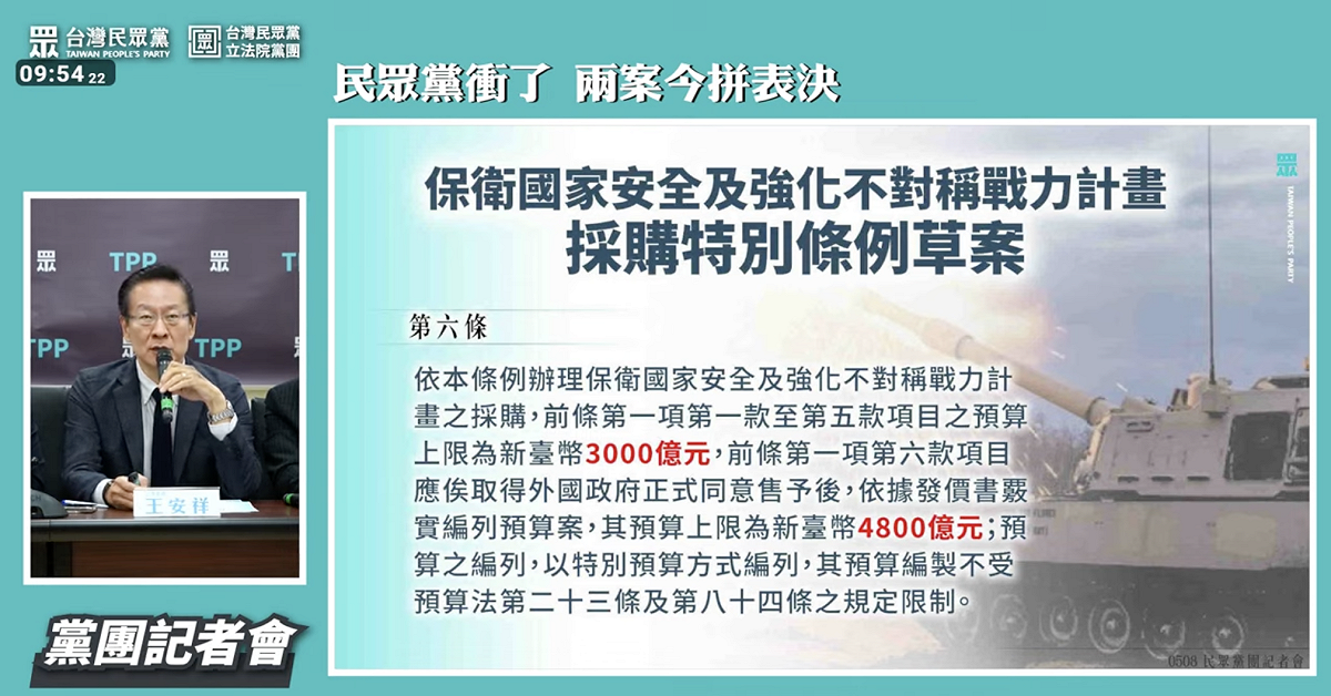 民眾黨團立委王安祥說明軍購版本內容 圖：翻拍自民眾黨團YouTube