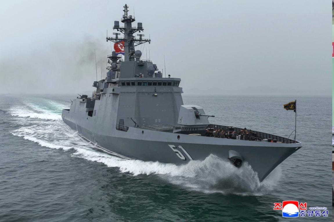 北韓領導人金正恩親自搭乘「崔賢號」驅逐艦出海，下令要求6月準時入列服役。 圖：翻攝朝中社