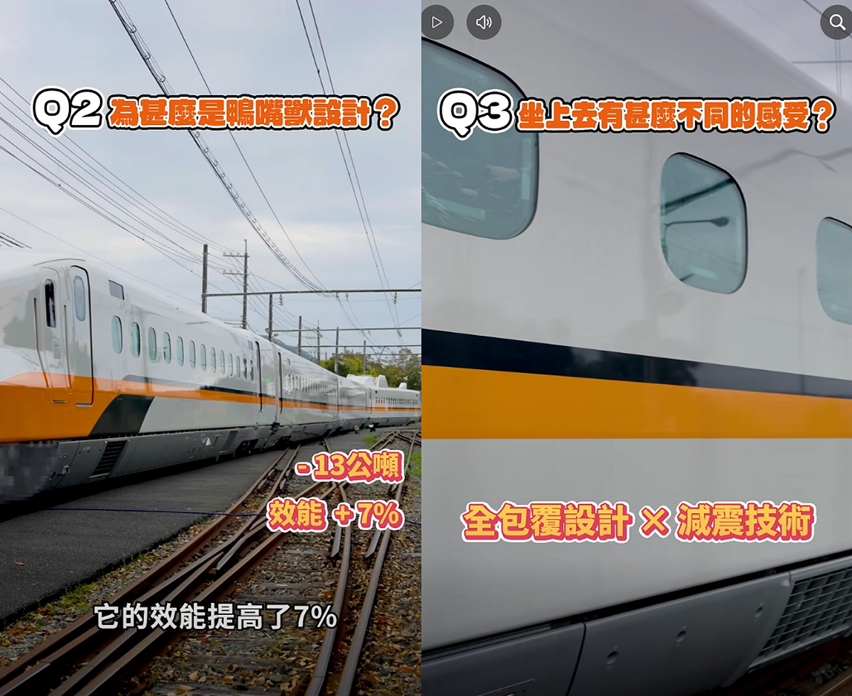 日前高鐵也公開新世代列車N700ST的外觀，不僅車身輕量化，比過去的車少13公噸重量，效能增加7％，還有獨家專利的全包覆設計和減震技術，讓噪音至少能較低3分貝。 圖：翻攝自高鐵公司臉書