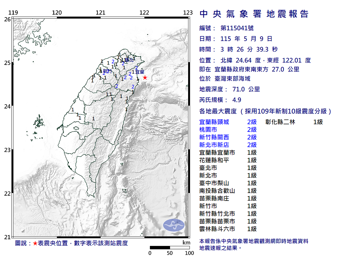 05/09-03:26臺灣東部海域發生規模4.9有感地震 圖：中央氣象署