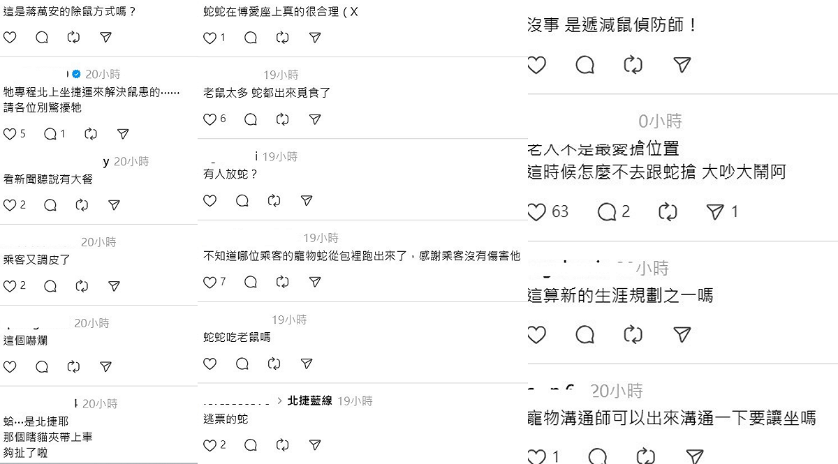近日台北除了有老鼠外，昨(8)日在捷運車廂還出現一尾蛇在座椅上爬行，掀起網友熱議，甚至笑稱是「鼠類偵防師」。 圖：翻攝自life_sciences_kk Threads