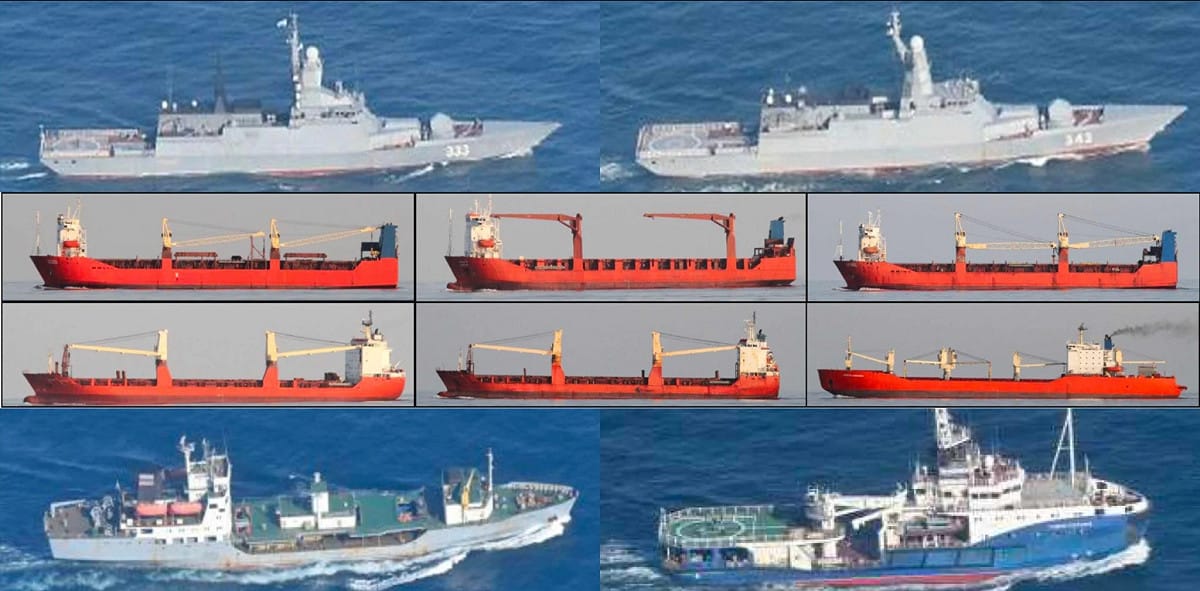 日本統合幕僚監部公布，4艘俄國軍艦「護航」6艘民用貨船，穿越對馬海峽南下。 圖：翻攝「X」@jointstaffpa