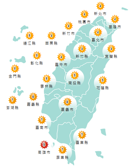 氣象署發布各地紫外線指數預報概況。 圖：氣象署提供