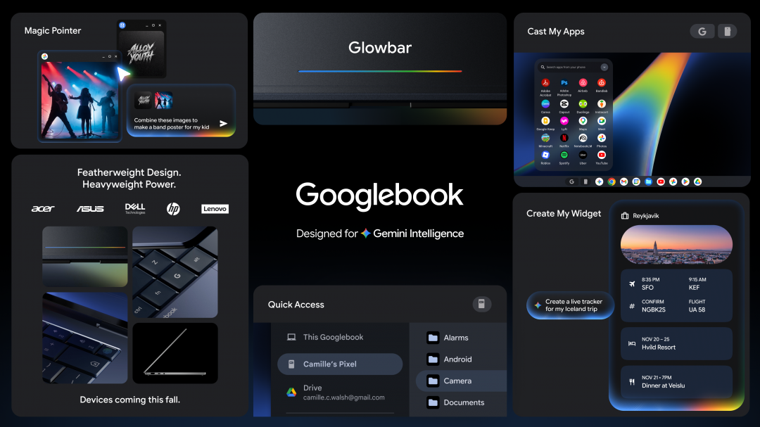 Googlebook三大功能：AI游標提供操作建議、自動生成專屬資訊面板，以及無縫投射操控手機。 圖：Google ／提供