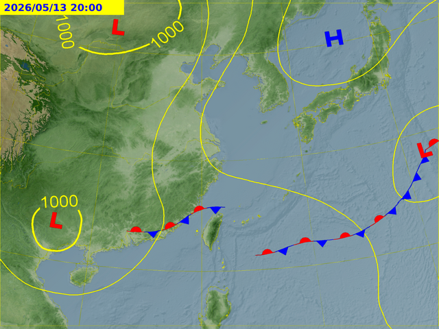 今明兩天梅雨季第3波鋒面南下，預計北台灣和東半部先後會有雷陣雨，但天氣悶熱，高溫上看35度。 圖：取自氣象署