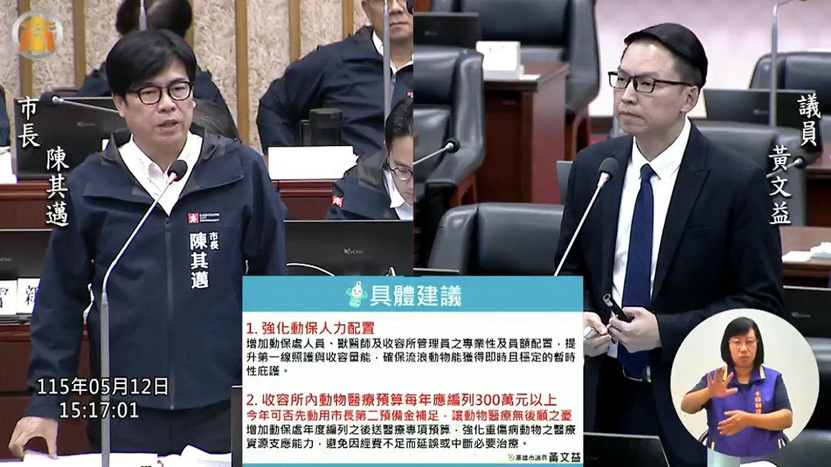 陳其邁(左)面對黃文益總質詢，承諾儘速補足動保處人力缺口。 圖：黃文益服務處/提供