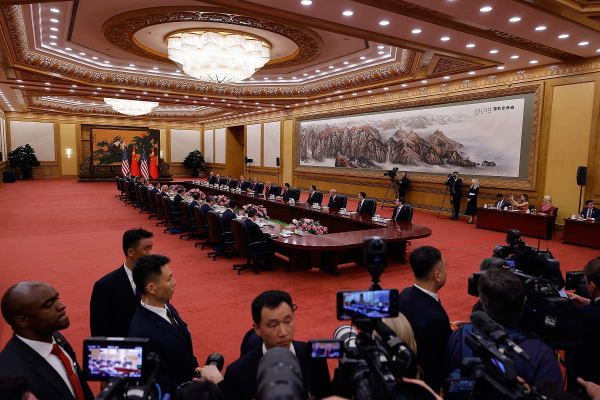 中國國家主席習近平與美國總統川普的雙邊會晤正在北京人民大會堂舉行。 圖：達志影像/美聯社