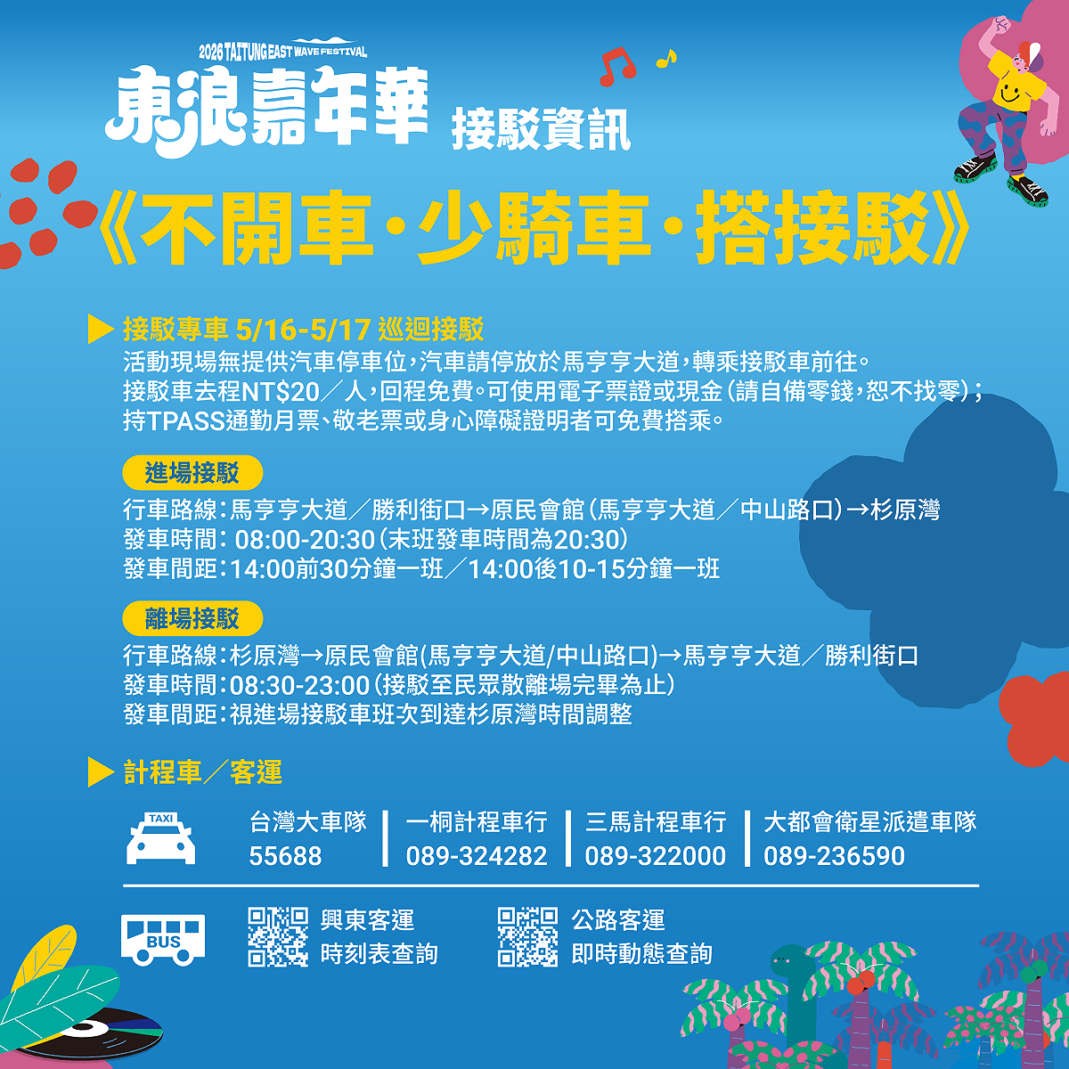 活動期間為鼓勵旅客少開車，現場不提供車位，但只要搭接駁車到場，即贈送限量飲品。 圖：台東縣政府／提供