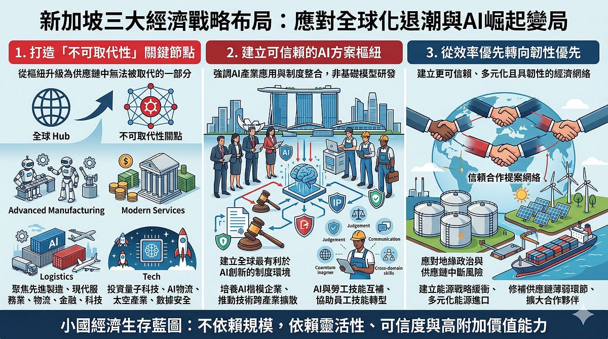 加坡三大經濟戰略布局，應對全球化退潮與AI崛起變局。 圖：翻攝童振源臉書