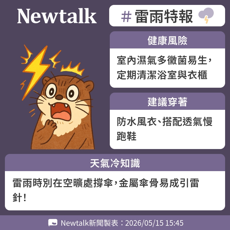 雷雨時別在空曠處撐傘，金屬傘骨易成引雷針！ 圖：Newtalk製表