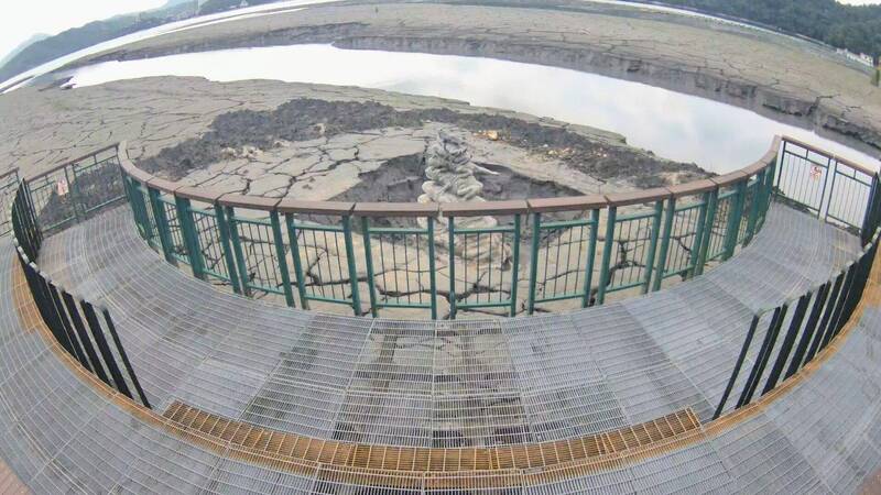日月潭水情指標九蛙疊像，雖然仍全數露出，但旁邊的沙洲已可以看到明顯「水道」。 圖：日管處／提供