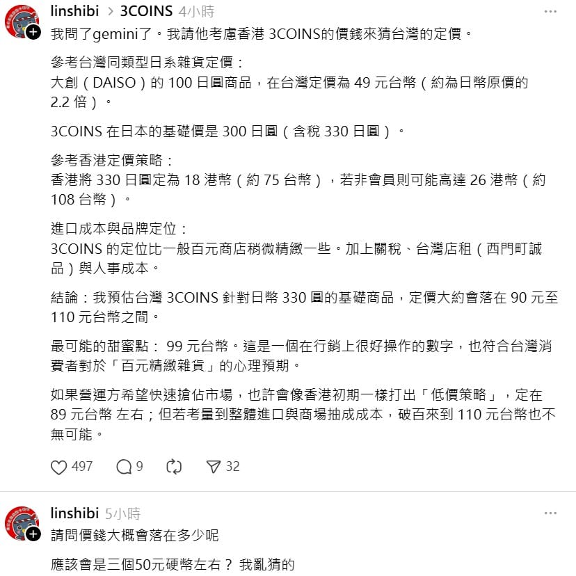 預估台灣3COINS針對日幣330圓的基礎商品，定價大約會落在90元至110元台幣之間。 圖：翻攝自3COINS Threads