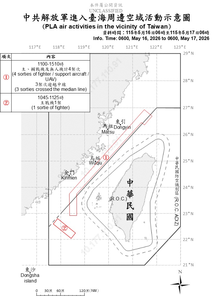 國防部今日公布中共解放軍進入台海周邊空域活動示意圖。 圖：國防部提供