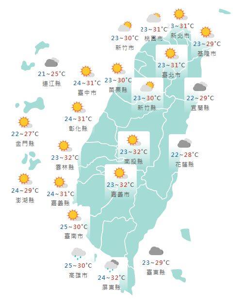 氣象署公布各地天氣預報概況。 圖：氣象署提供