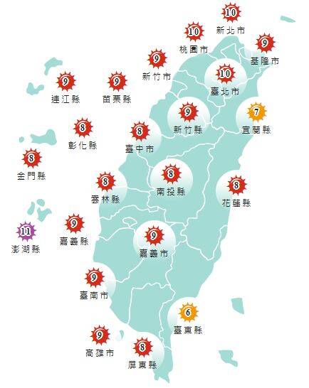 氣象署發布各地紫外線指數預報概況。 圖：氣象署提供