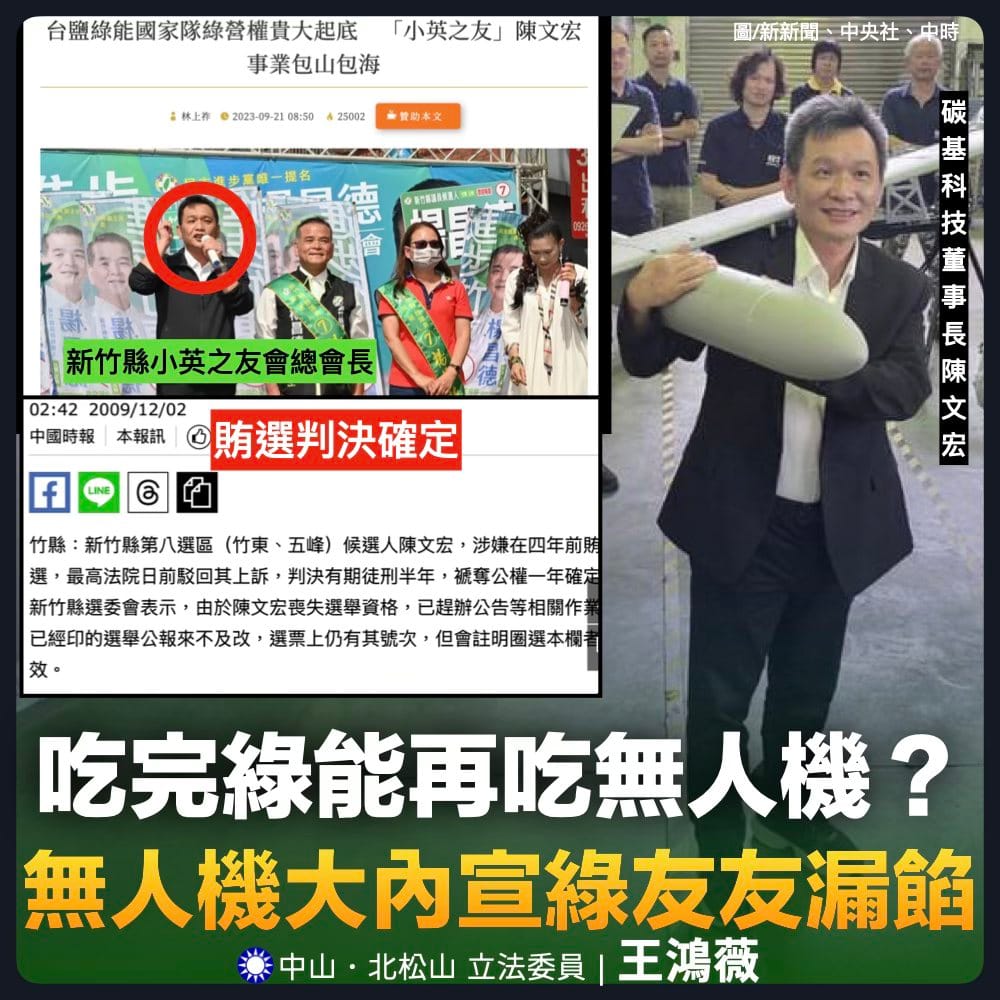 國民黨立委王鴻薇質疑碳基科技董事長陳文宏是「綠友友」 圖：王鴻薇臉書