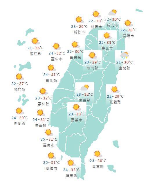 氣象署公布各地天氣預報概況。